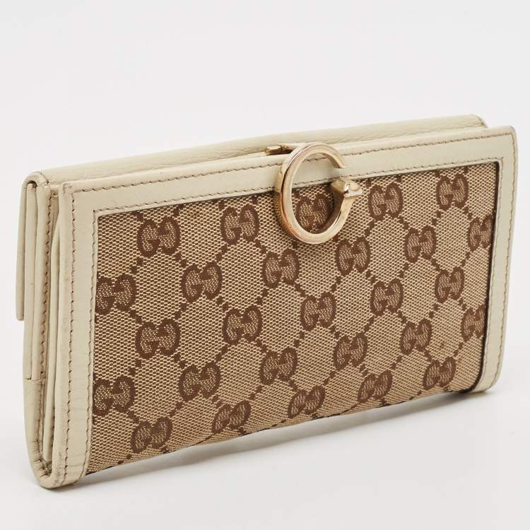 Pre Owned Gucci White/Beige GG Canvas and Leather Icon Bit Flap Continental Wallet
