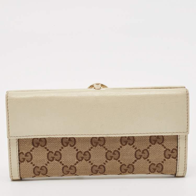 Pre Owned Gucci White/Beige GG Canvas and Leather Icon Bit Flap Continental Wallet