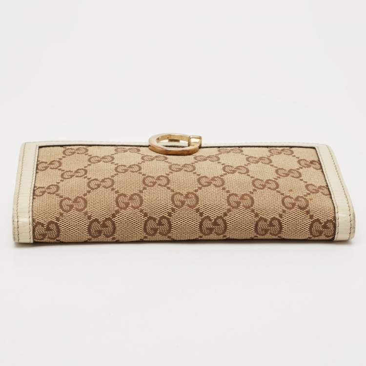 Pre Owned Gucci White/Beige GG Canvas and Leather Icon Bit Flap Continental Wallet