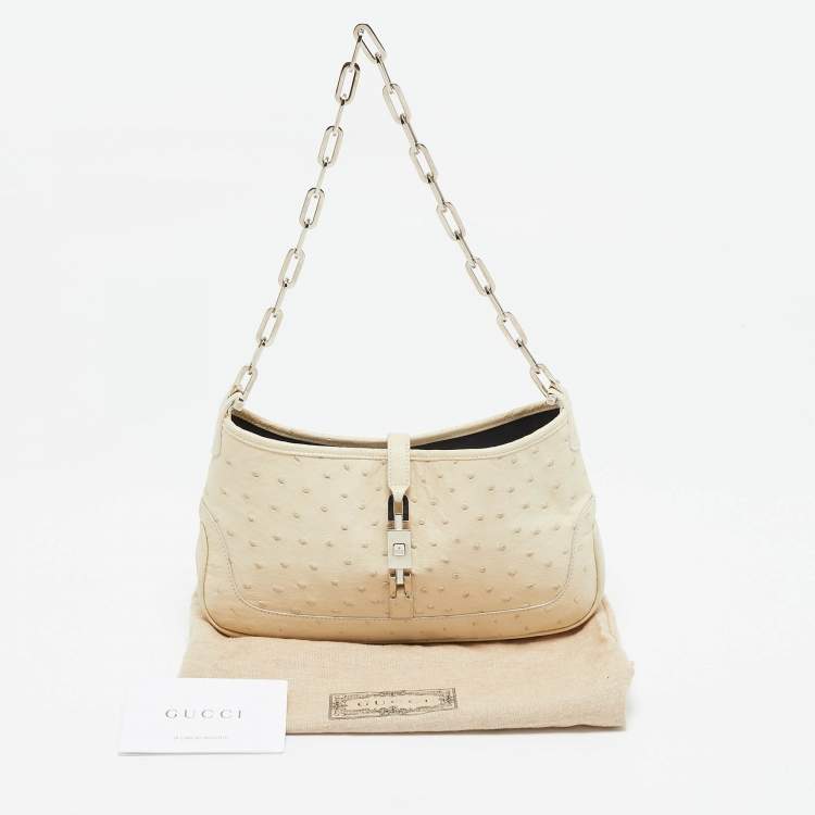 Pre Owned Gucci Ivory Ostrich Leather Jackie O Chain Hobo