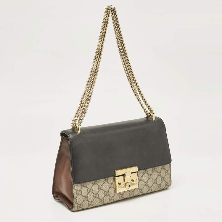 مملوكة مسبقًا Gucci Black/Beige GG Supreme Canvas and Leather Medium Padlock Shoulder Bag