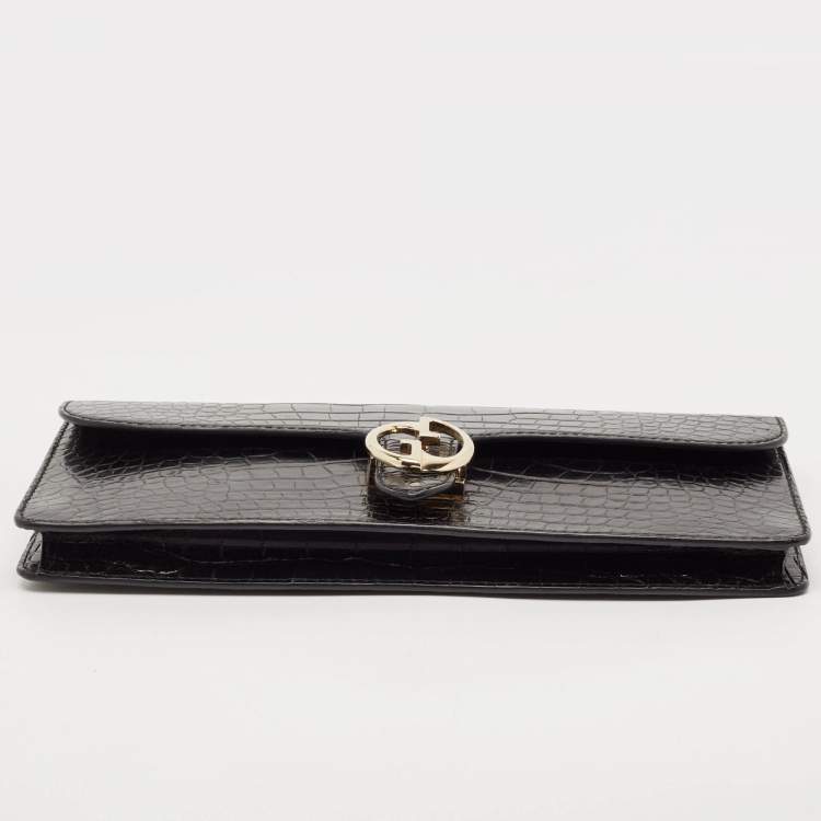 مملوكة مسبقًا Gucci Black Crocodile Interlocking G Long Clutch