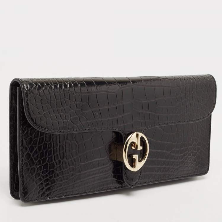 مملوكة مسبقًا Gucci Black Crocodile Interlocking G Long Clutch