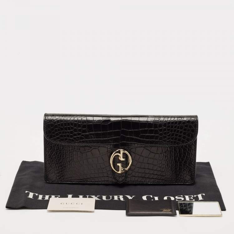 مملوكة مسبقًا Gucci Black Crocodile Interlocking G Long Clutch