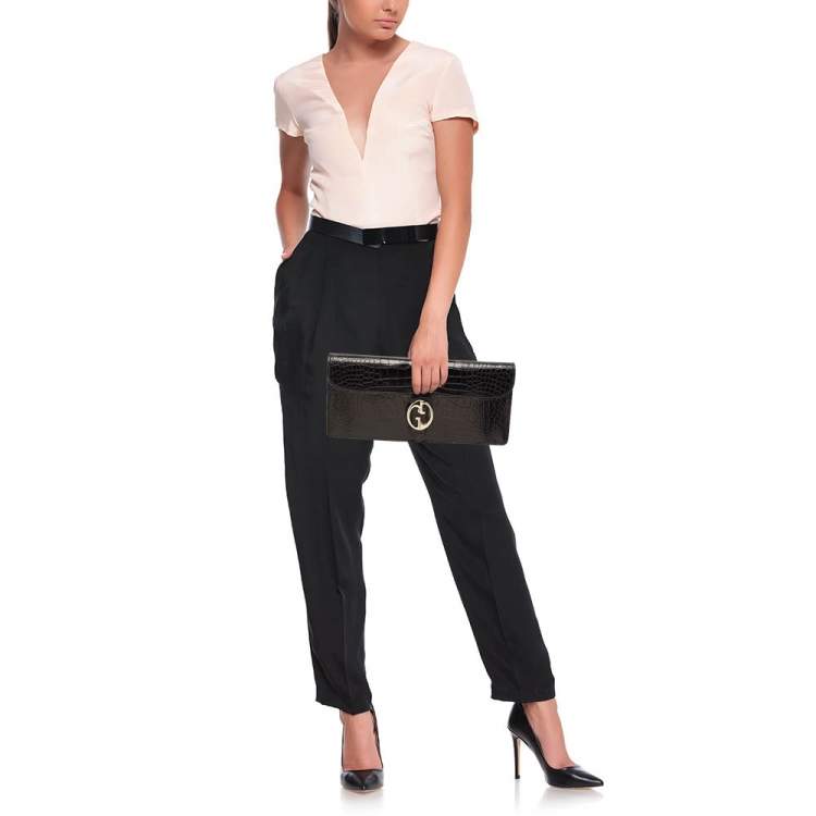 مملوكة مسبقًا Gucci Black Crocodile Interlocking G Long Clutch