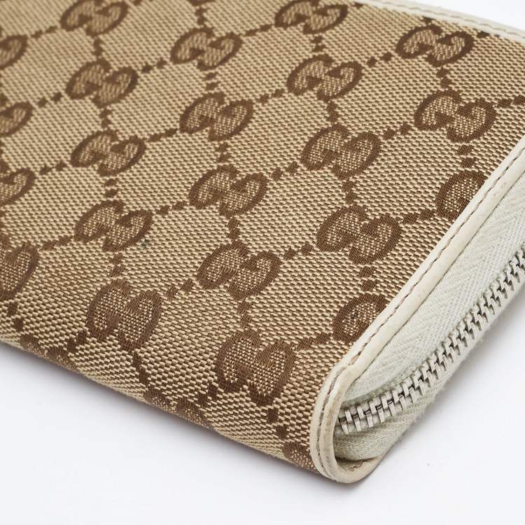 Pre Owned Gucci Beige/Cream GG Canvas and Leather Zip Around Wallet