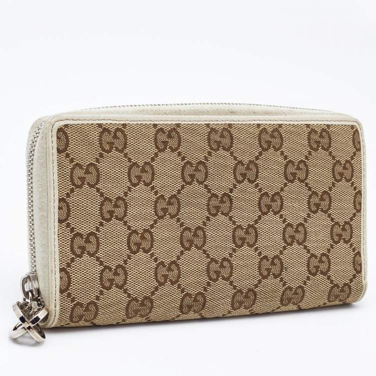 Pre Owned Gucci Beige/Cream GG Canvas and Leather Zip Around Wallet