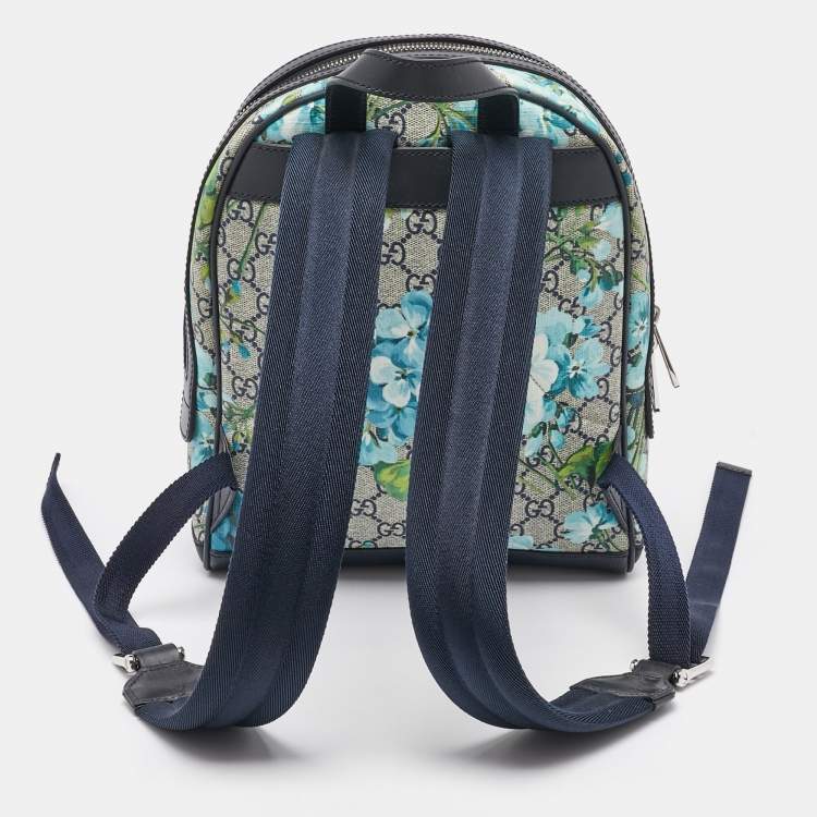 Pre Owned Gucci Beige/Blue GG Supreme Canvas and Leather Blooms Backpack