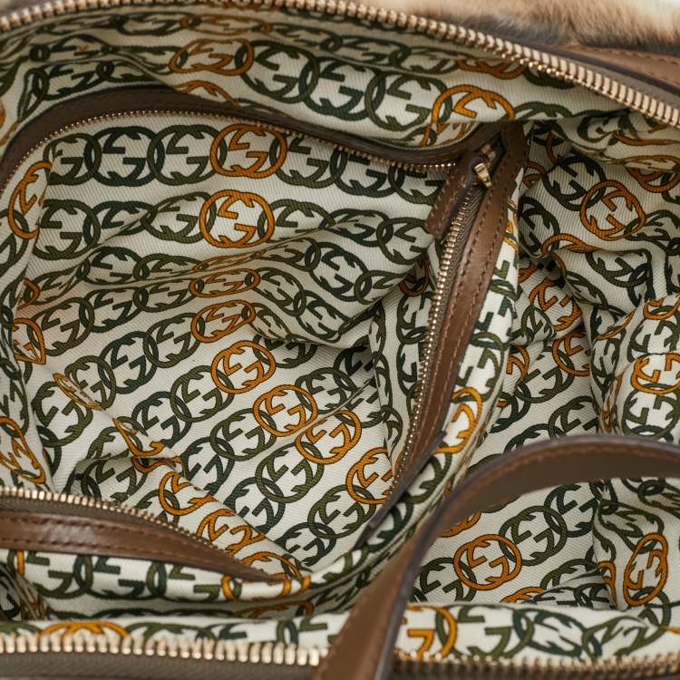 Pre Owned Gucci Beige/Brown Leather and Rabbit Fur 85th Anniversary Handle Bag
