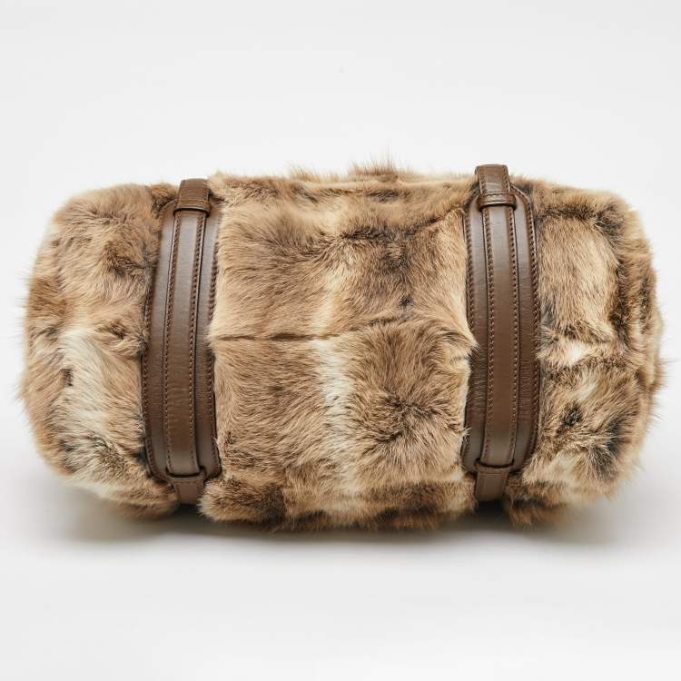 Pre Owned Gucci Beige/Brown Leather and Rabbit Fur 85th Anniversary Handle Bag