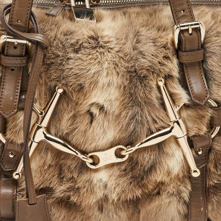 Pre Owned Gucci Beige/Brown Leather and Rabbit Fur 85th Anniversary Handle Bag