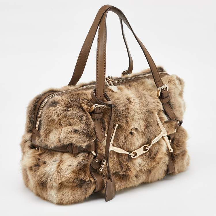 Pre Owned Gucci Beige/Brown Leather and Rabbit Fur 85th Anniversary Handle Bag