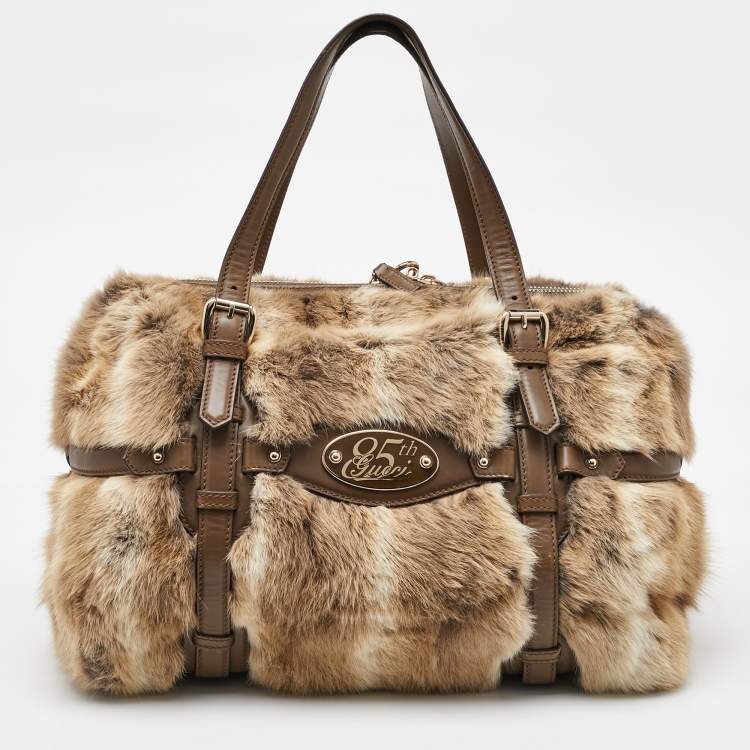 Pre Owned Gucci Beige/Brown Leather and Rabbit Fur 85th Anniversary Handle Bag