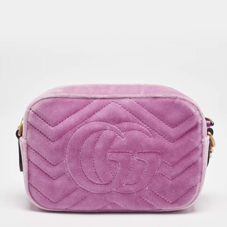 Pre Owned Gucci Pink Matelassé Velvet Mini Faux Diamond GG Marmont Camera Bag