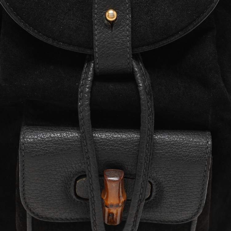 Pre Owned Gucci Black Suede and Leather Mini Bamboo Handle Backpack Bag