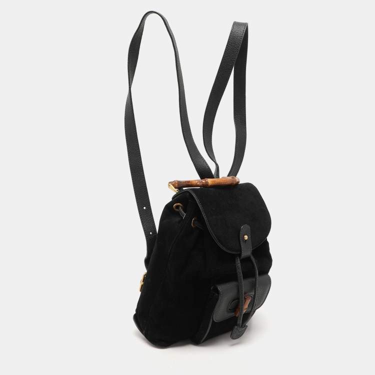 Pre Owned Gucci Black Suede and Leather Mini Bamboo Handle Backpack Bag