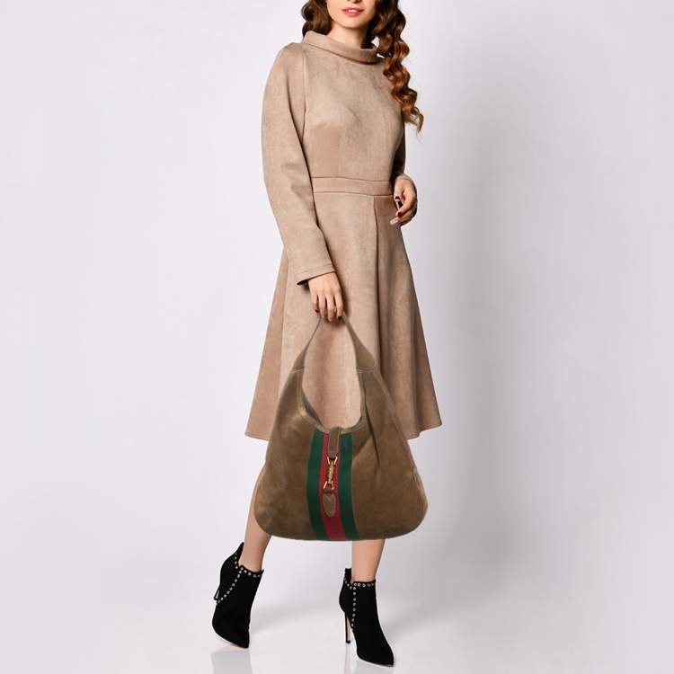 Pre Owned Gucci Brown Suede Vintage Web Soft Jackie Hobo
