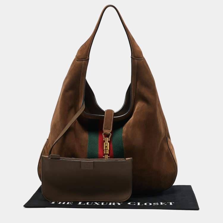 Pre Owned Gucci Brown Suede Vintage Web Soft Jackie Hobo