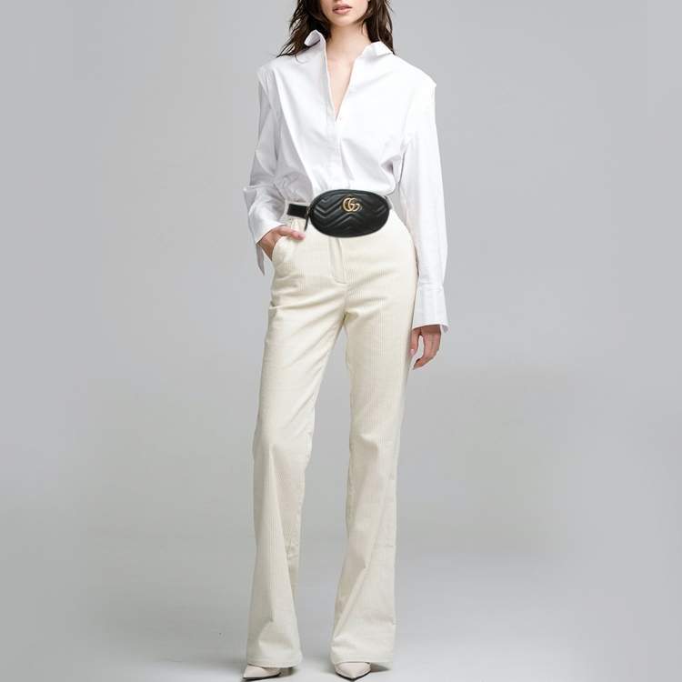 Pre Owned Gucci Black Matelassé Leather Mini GG Marmont Belt Bag