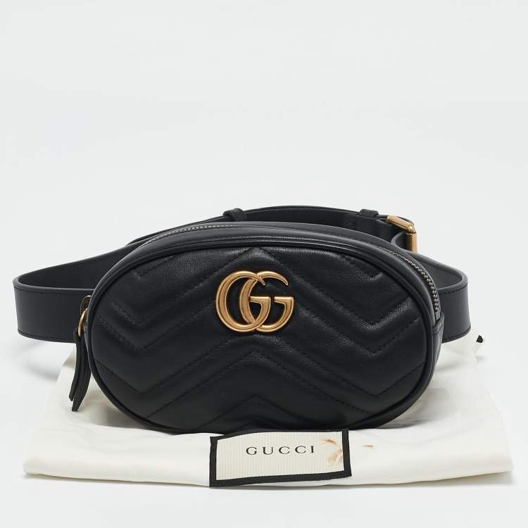Pre Owned Gucci Black Matelassé Leather Mini GG Marmont Belt Bag