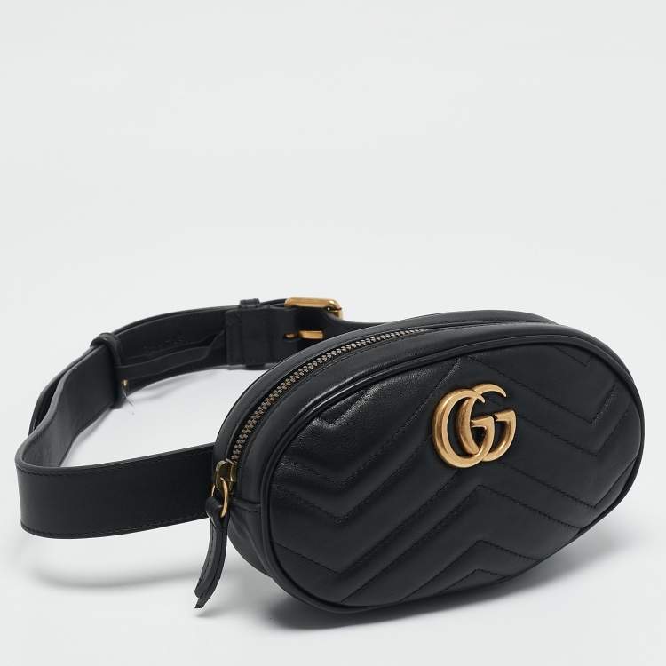 Pre Owned Gucci Black Matelassé Leather Mini GG Marmont Belt Bag