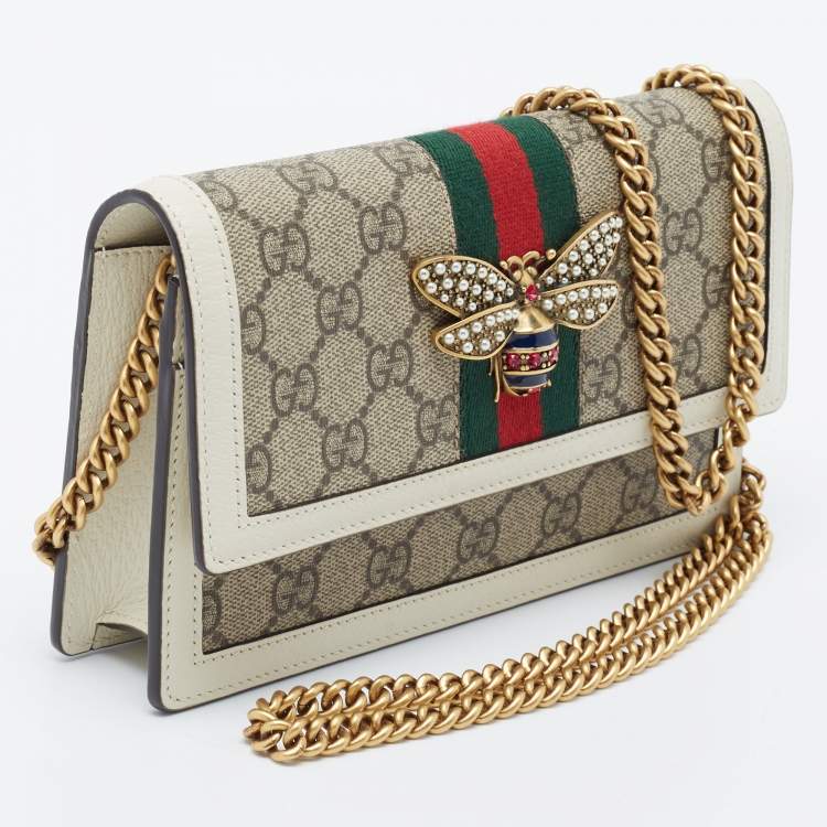 Pre Owned Gucci White/Beige GG Supreme Canvas Web Queen Margaret Wallet On Chain