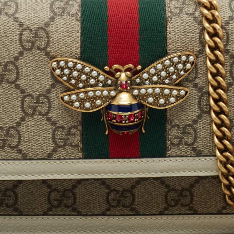 Pre Owned Gucci White/Beige GG Supreme Canvas Web Queen Margaret Wallet On Chain