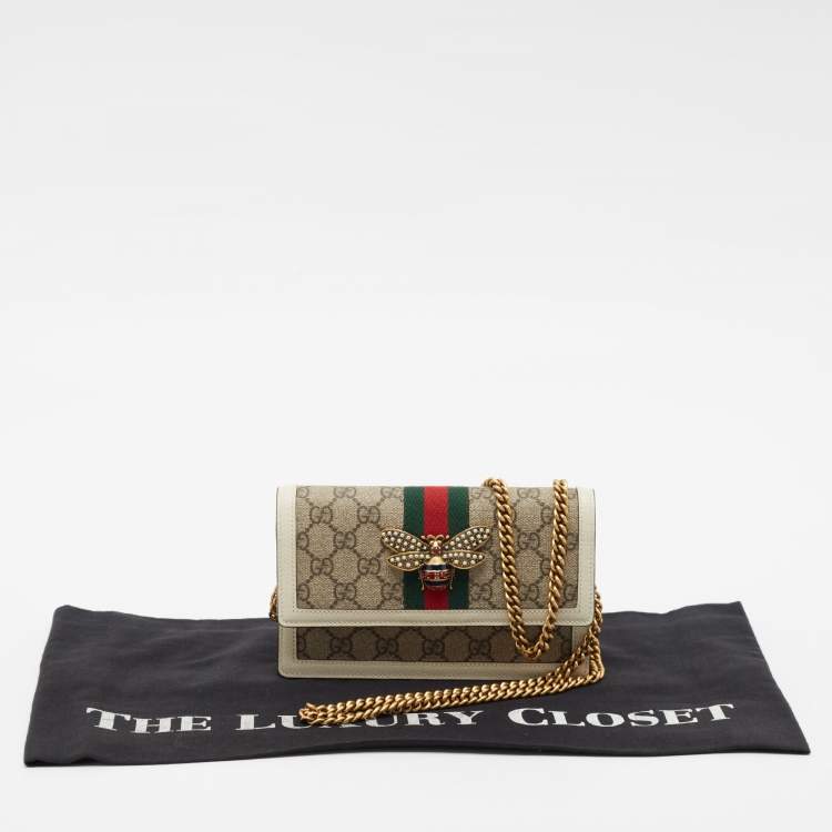 Pre Owned Gucci White/Beige GG Supreme Canvas Web Queen Margaret Wallet On Chain
