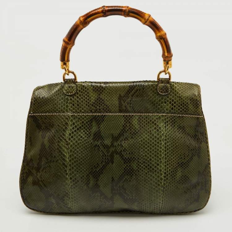 Pre Owned Gucci Green Python Heritage Foldover Bamboo Top Handle Bag