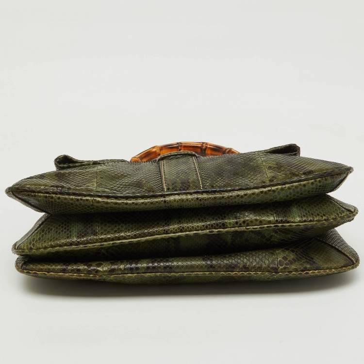 Pre Owned Gucci Green Python Heritage Foldover Bamboo Top Handle Bag