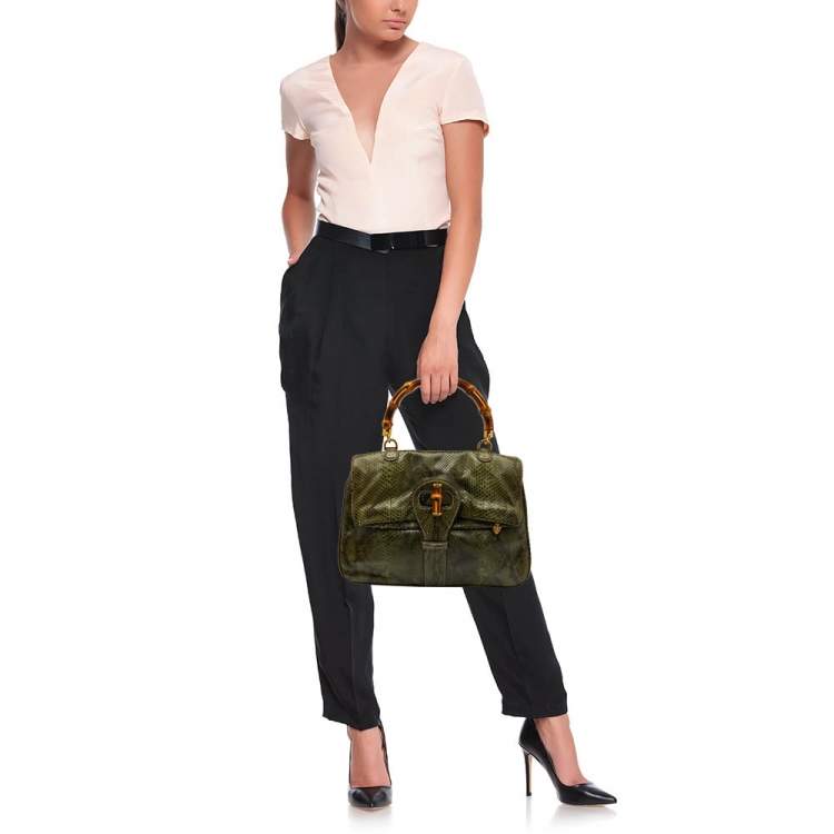 Pre Owned Gucci Green Python Heritage Foldover Bamboo Top Handle Bag