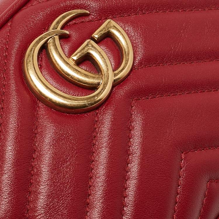 Pre Owned Gucci Red Matelasse Leather GG Marmont Belt Bag