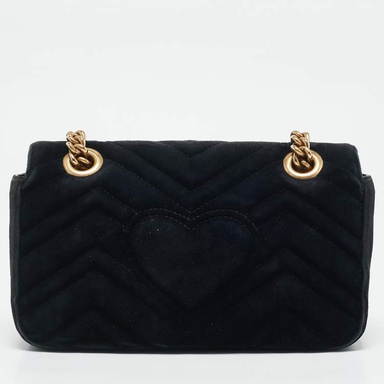 Pre Owned Gucci Black Matelassé Velvet Mini GG Marmont Shoulder Bag