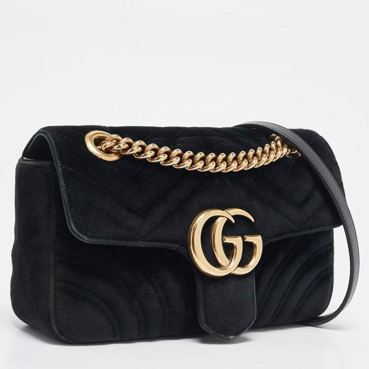 Pre Owned Gucci Black Matelassé Velvet Mini GG Marmont Shoulder Bag