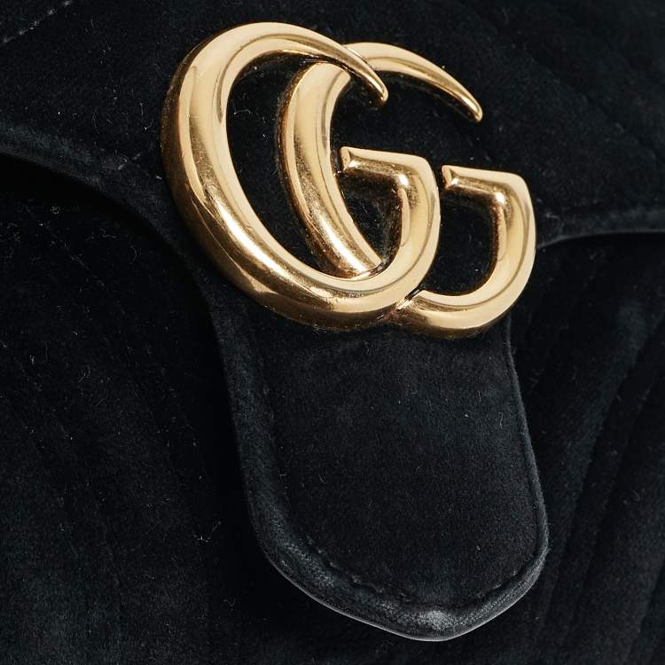 Pre Owned Gucci Black Matelassé Velvet Mini GG Marmont Shoulder Bag