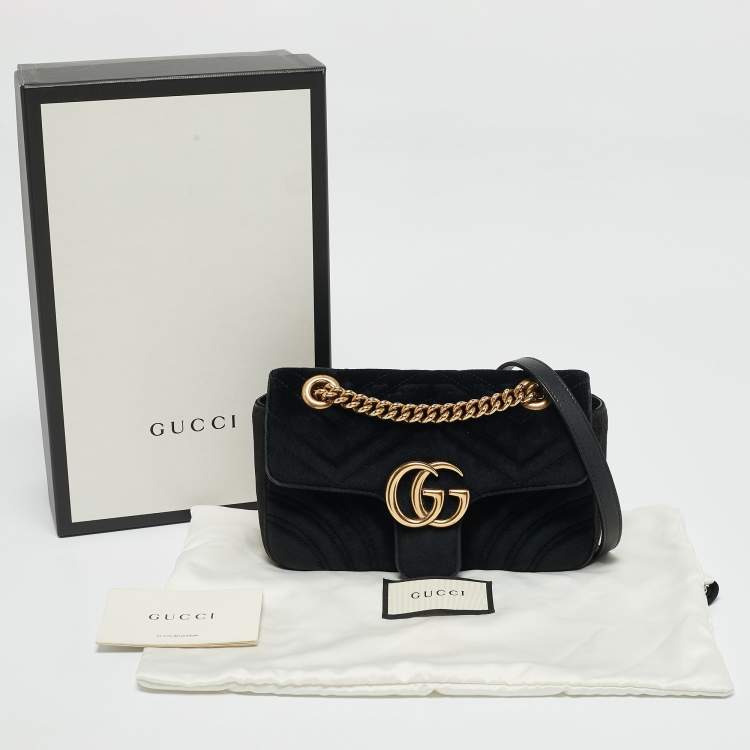Pre Owned Gucci Black Matelassé Velvet Mini GG Marmont Shoulder Bag