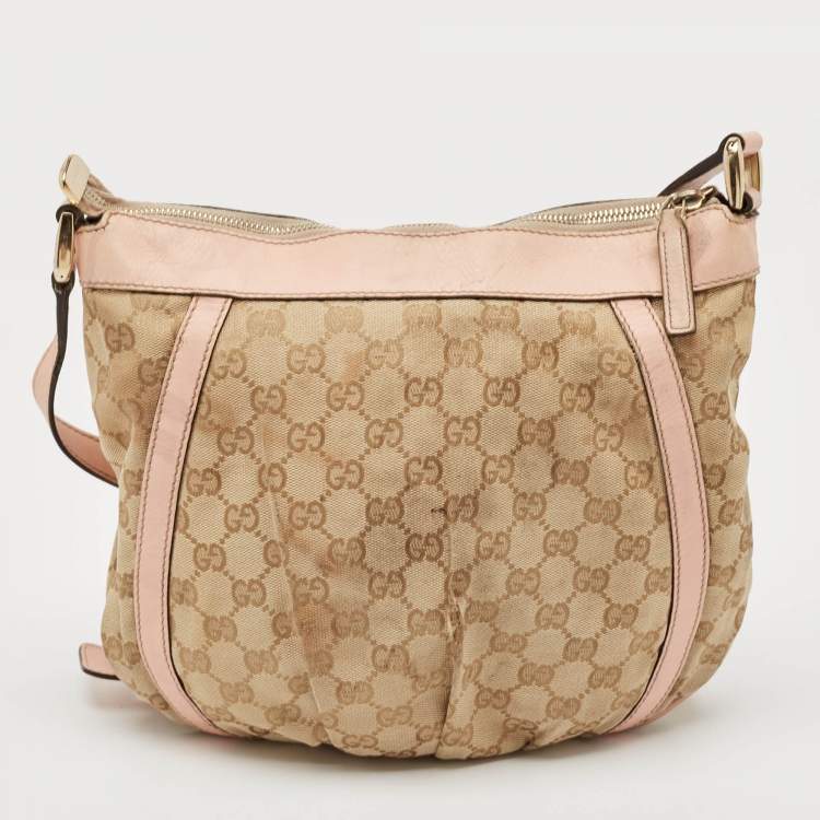 Pre Owned Gucci Light Pink/Beige GG Canvas and Leather Abbey D-Ring Crossbody Bag
