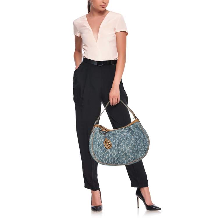 Pre Owned Gucci GG Denim and Leather Medium Sukey Hobo