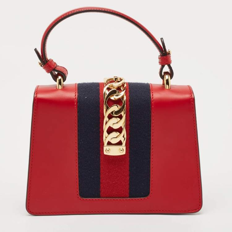 Pre Owned Gucci Red Leather Mini Web Sylvie Top Handle Bag