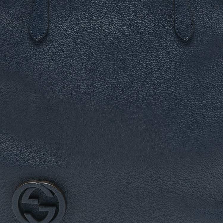 Pre Owned Gucci Navy Blue Leather Interlocking G Dollar Tote