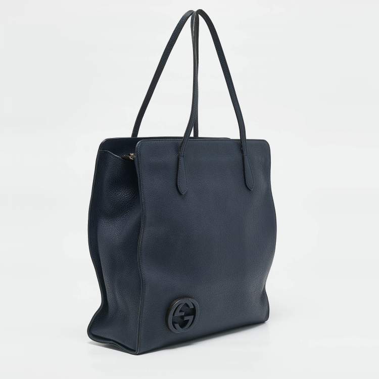 Pre Owned Gucci Navy Blue Leather Interlocking G Dollar Tote