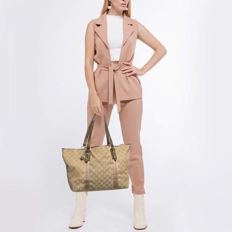 Pre Owned Gucci Gold/Beige GG Canvas and Leather Jolicoeur Tote