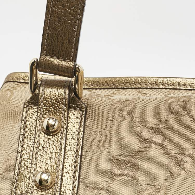 Pre Owned Gucci Gold/Beige GG Canvas and Leather Jolicoeur Tote