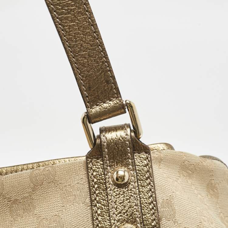 Pre Owned Gucci Gold/Beige GG Canvas and Leather Jolicoeur Tote