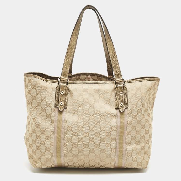 Pre Owned Gucci Gold/Beige GG Canvas and Leather Jolicoeur Tote