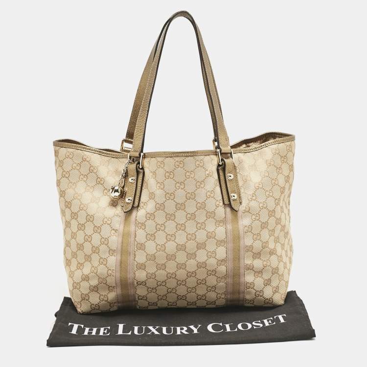 Pre Owned Gucci Gold/Beige GG Canvas and Leather Jolicoeur Tote
