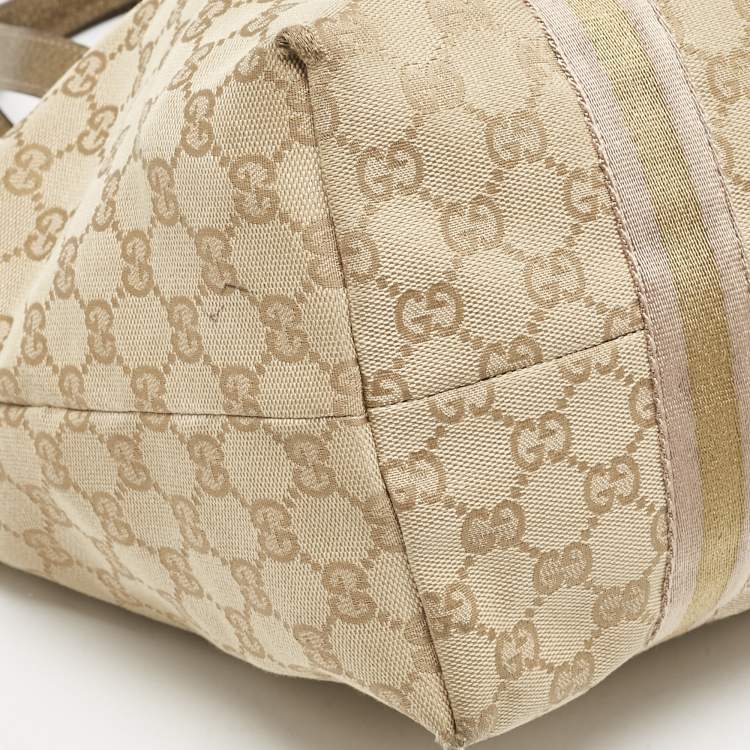 Pre Owned Gucci Gold/Beige GG Canvas and Leather Jolicoeur Tote