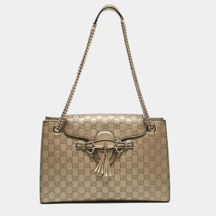 Pre Owned Gucci Beige Metallic Guccissima Leather Large Emily Chain Shoulder Bag
