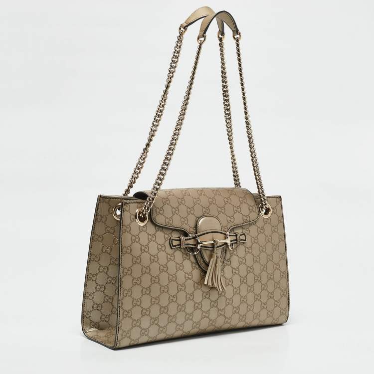 Pre Owned Gucci Beige Metallic Guccissima Leather Large Emily Chain Shoulder Bag