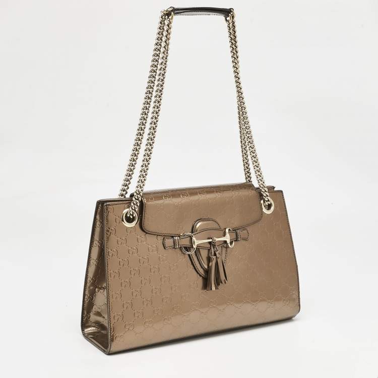 Pre Owned Gucci Brown Guccissima Patent Leather Large Emily Chain Shoulder Bag